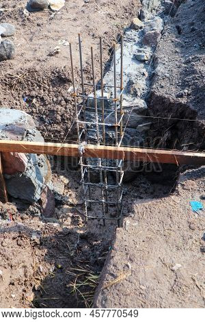 The Foundation For The House. Laying The Foundation Made From Stone, Sand, Semen And Steel. Construc
