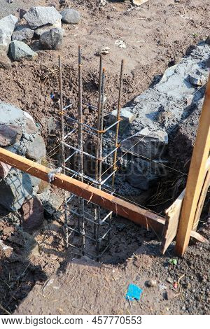 The Foundation For The House. Laying The Foundation Made From Stone, Sand, Semen And Steel. Construc