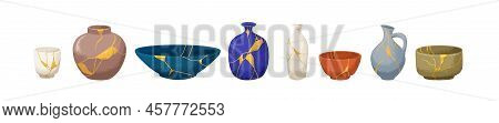 Kintsugi Ceramics. Reborn Pottery From Broken Tableware, Repaired With Gold Line Patterns. Vintage J