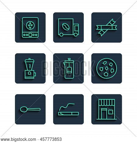 Set Line Spoon, Cigarette, Coffee Shop, Sugar Stick Packets, French Press, Electric Coffee Grinder, 
