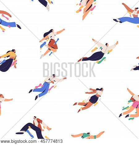 Seamless Pattern With Happy Flying People. Repeating Background With Free Active Young Men And Women