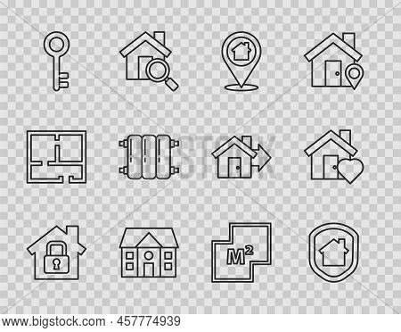 Set Line House Under Protection, Location With House, Key, Heating Radiator, Plan And Heart Shape Ic