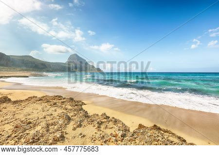 Picturesque Seascape Of Isolidda Beach Near San Vito Cape. Popular Travel Destination Of Monte Cofan