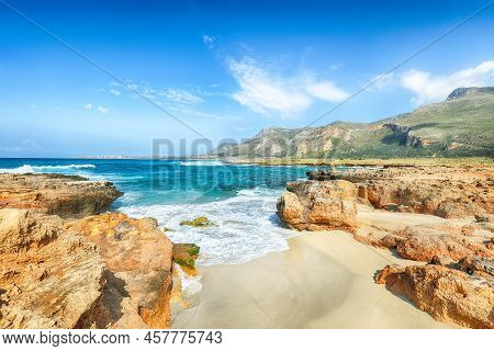 Picturesque Seascape Of Isolidda Beach Near San Vito Cape. Popular Travel Destination Of Monte Cofan