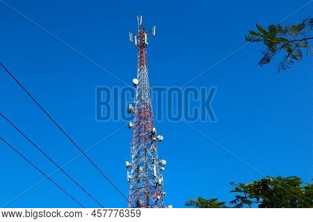 Communication Tower. Telco Trellis For 3g 4g 5g Apocalypse Internet Communication, Mobile, Fm Radio 