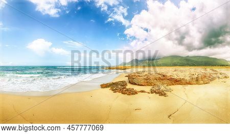 Amazing Seascape Of Isolidda Beach Near San Vito Cape. Popular Travel Destination Of Monte Cofano Na