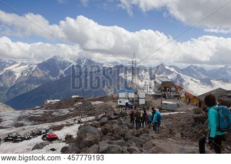Garabashi, Elbrus, Russia - August 16, 2020 : Garabashi Cable Car Station, Climbers Camp, Tourists C