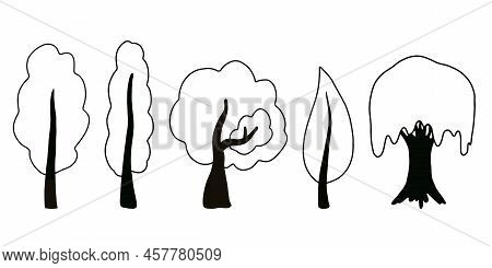 Silhouettes Of Doodle Park Trees. Collection Of Black Trees On The White Background.