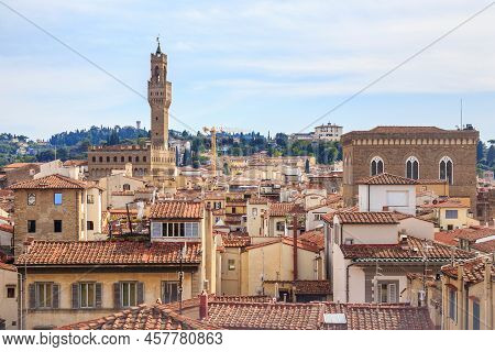 Florence, Italy - September 12, 2018: This Is The Arnolfo Tower Of The Vecchio Palace Above The Roof