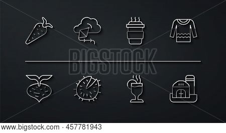 Set Line Carrot, Beet, Sweater, Mulled Wine, Chestnut, Kite, Farm House And Coffee Cup To Go Icon. V