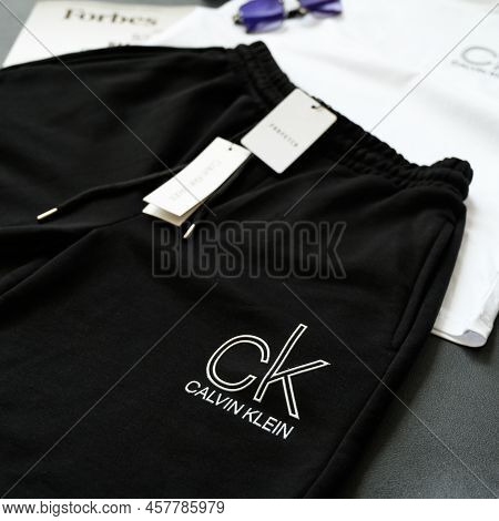 Nikopol, Ukraine, July 1,2022: Top View Of Black Men's Drawstring Shorts. New With Tag. View From Ab