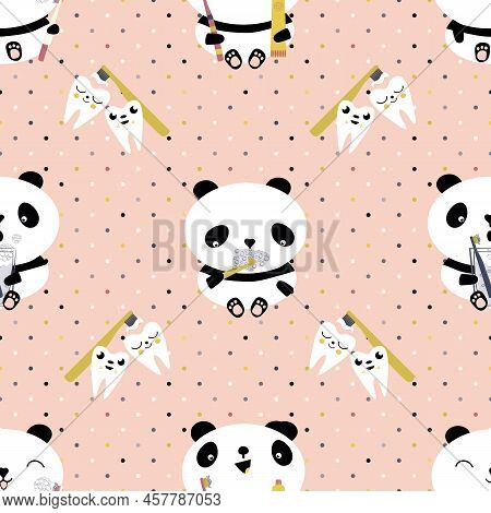 Kawaii Panda And Teeth Kids Dental Health Care Vector Educational Seamless Pattern Background. Cute 