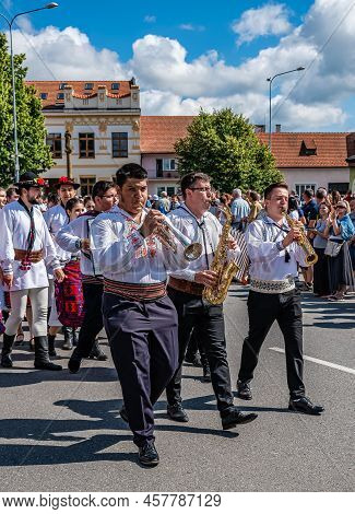 Straznice, Czech Republic - June 25, 2022 International Folklore Festival.men And Women In Folk Cost
