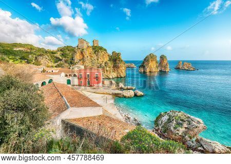 Unbelievable Scene Of Tonnara Di Scopello. Popular Travel Destination On Mediterranean Sea. Location