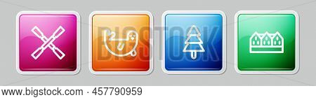 Set Line Oars Or Paddles Boat, Fur Seal Animal, Tree And Norwegian Wooden House. Colorful Square But
