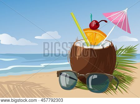 Cocktail In Coconut. Umbrella, Tube, Cherry, Orange, Coconut, Sea. Summer Beach Illustration