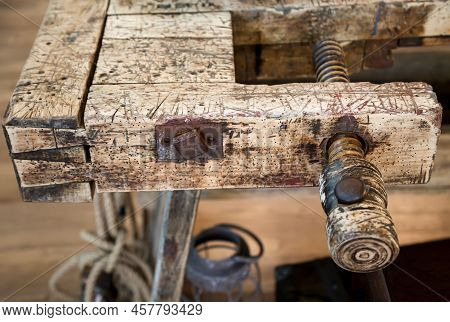 An Old Wooden Workbench, Workbench In A Workshop.