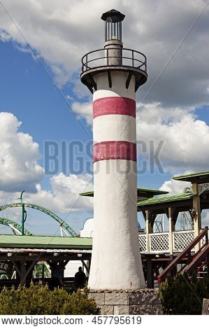 Power Park, Finland - June 21, 2022: Model Of A Lighthouse At An Amusement Park