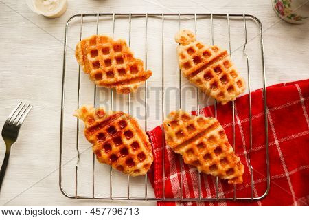Croissant Waffle Or Croffle With Chocolate Sauce Served In Box And White Background
