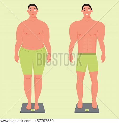 Before And After Weight Loss Concept. Young Sad Overweight Man And Happy Man With A Slender Body Sta