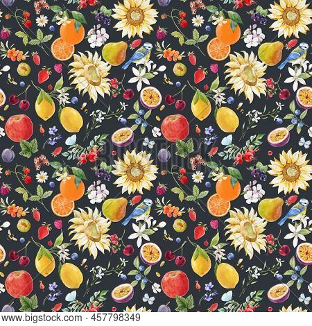Beautiful Vector Autotraced Seamless Summer Pattern With Watercolor Flowers And Lemon Pear Orange Ma