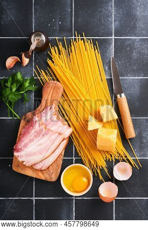 Ingredients For Pasta Carbonara. Traidtional Italian Pasta Carbonara Ingredients Bacon, Spaghetti, P