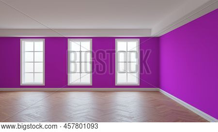 Empty Interior With Pink Walls, White Ceiling And Conrnice, Three Large Windows, Herringbone Parquet