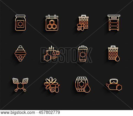 Set Line Honey Dipper Stick, Bee And Flower, Jar Of Honey, Wooden Barrel With, Tea Kettle, Cup Tea, 