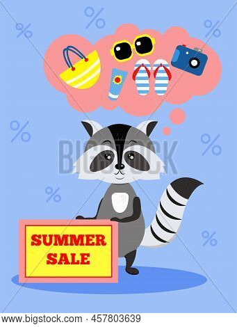 Summer Sale Banner. Cute Raccoon And Summer Sale. Illustration In Flat Style.