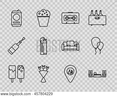 Set Line Ice Cream, Home Stereo With Two Speakers, Retro Audio Cassette Tape, Bouquet Of Flowers, Be