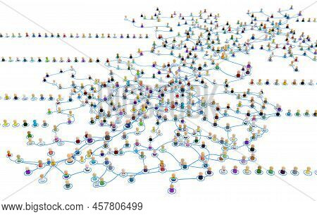 Crowd Of Small Symbolic 3d Figures Linked By Lines, Complex Layered System Unlinked Sides, Over Whit
