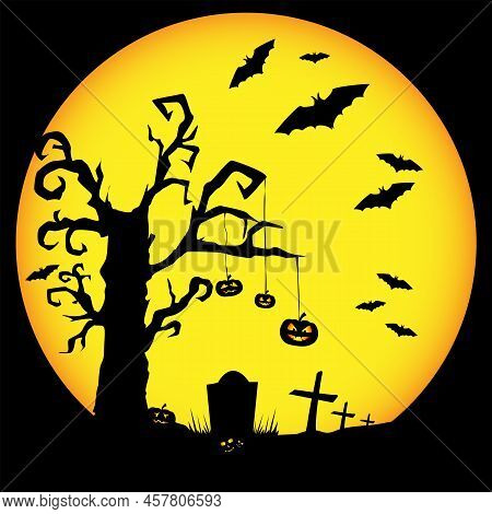 Halloween Night, Scary Tree With Pumpkins, Bats And Graves Silhouettes On The Moon Background. Vecto