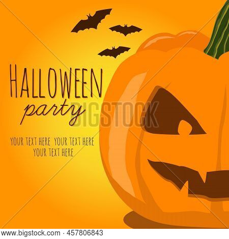 Halloween Party Poster With Pumpkin And Bats On Orange Background. Vector Illustration