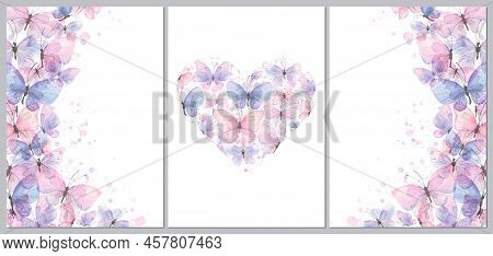 Triptych Of Frames And Hearts With Delicate, Purple And Pink Butterflies. Watercolor Illustration. F