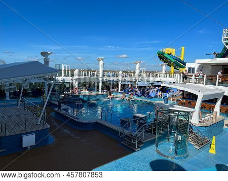 Orlando, Fl Usa-january 8, 2022:  The Main Pool On The Norwegian Cruise Line Ncl  Cruise Ship Escape