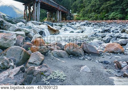 Foreground Focus On Riverbed And Plant Below Railway Bridge Across Bealey River At Arthurs Pass, Sou
