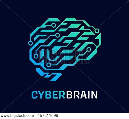 Cyberbrain Vector Logo. Artificial Human Brain. Ai Artificial Intelligence Concept. Isolated On Dark