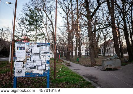 Kovin, Serbia - January 2, 2022: Death Notices (umrlice) Posted On A Billboard In The Countryside Ci