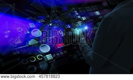 Business Data Analytics Process Management With Businesswoman Hand Touching Connected Gear Cogs With