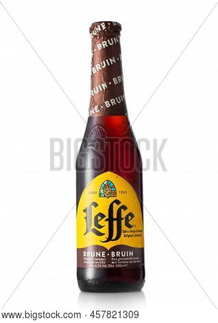 London, Uk - July 03, 2022: Leffe Brown Brune Bruin Dark Beer On White. Product Of Belgium