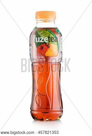 London,uk - April 11, 2022: Fuze Black Tea With Peach Flavour On White .