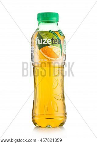 London,uk - April 11, 2022: Bottle Of Fuze Green Tea With Lemon On White.