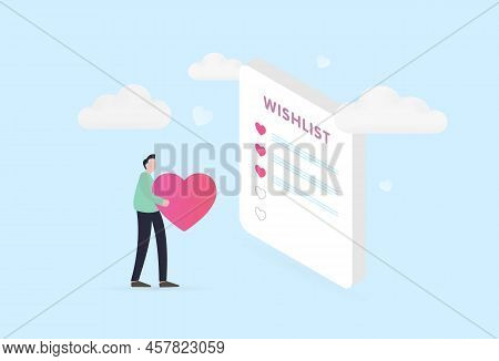 Add To Wishlist Concept Illustration. The Character Carries A Heart As A Metaphor For Adding A Produ
