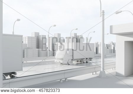 White Truck For Delivery Service On A Highway, Side View, Abstract Megapolis Background. Concept Of 