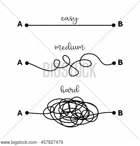Hard, Medium And Easy Way Solution Concept Illustrated By Tangled And Straight Lines. Complicated An