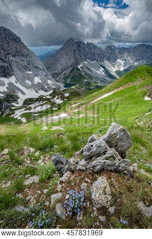 Between Italy And Austria: On The Top Of Mountain Near Volaia Lake Raunchkofer Mountain (lago Di Vol