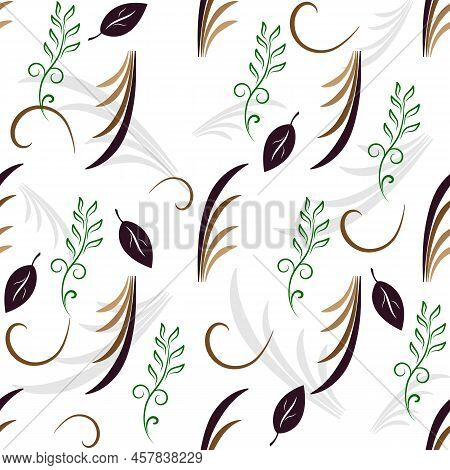 Abstract Chaotic Black And Green Leafs On White. Decorative Colorful Elegant Romantic Seamless Patte