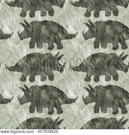 Green Hand Drawn Triceratops Dinosaur Seamless Pattern. Gender Neutral Jurassic Fossil Silhouette Fo