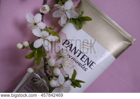 April 16, 2022 Ukraine City Kyiv Pantene Pro-v Hair Balm, Cherry Flower On A Light Background