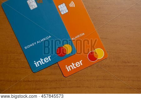 Minas Gerais, Brazil - July 09, 2022: Inter Bank Logo Credit Card And Mastercard Brand